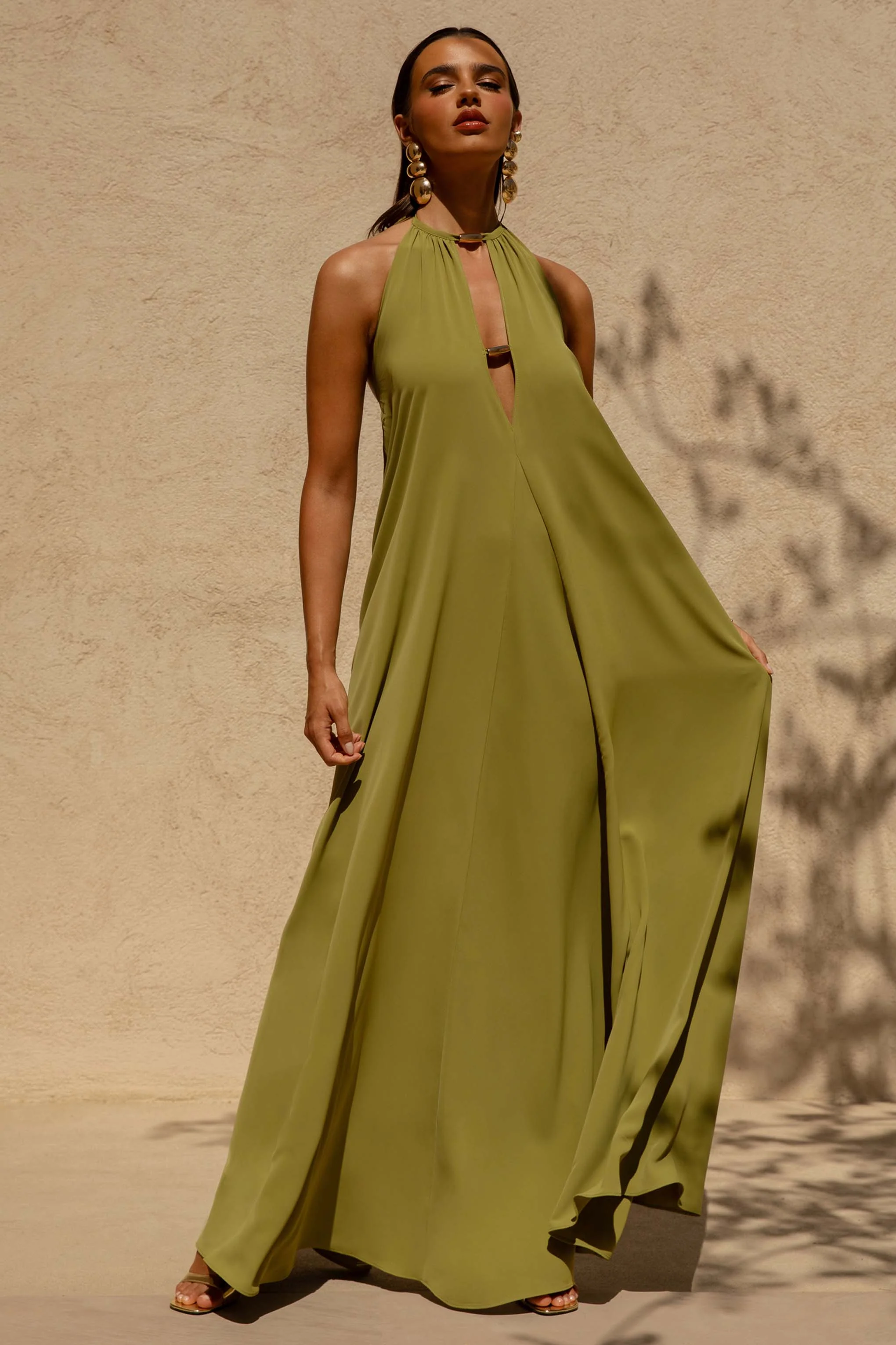 Zyon | Groene Hoge Hals Maxi Jurk Met Uitsnijding Details - Image 5